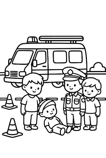 Rescue Workers Helping a Child Near the Ambulance Van Printable