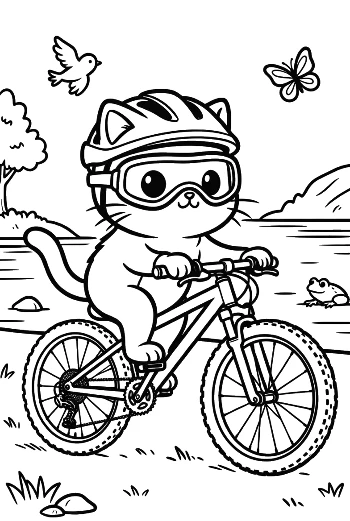 Cartoon Cat Enjoying a Mountain Biking Adventure Printable