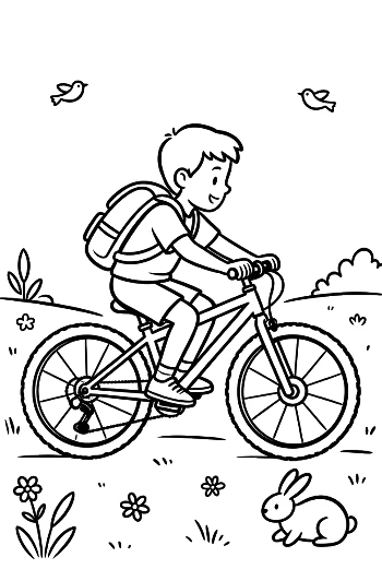Child Pedaling a Mountain Bike Through the Woods Printable