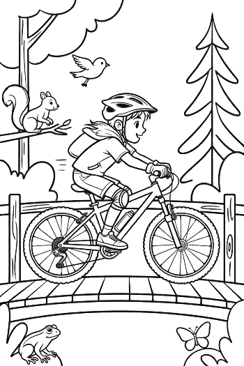 Young Boy Pedaling Across a Scenic Trail Bridge Printable