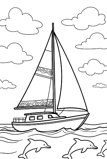 เรือใบคลาสสิกแล่นผ่านคลื่นกับโลมา - แบบพิมพ์ได้