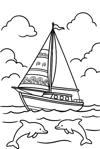 Large Sailboat and Friendly Dolphins in the Waves Printable