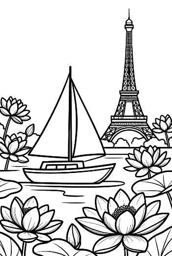 เรือใบและดอกบัวกับฉากหลังหอไอเฟล พิมพ์ได้