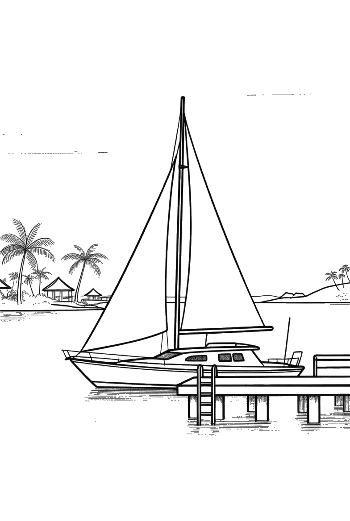 Sailboat Approaching a Tropical Dock with Palms Printable