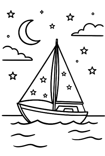Sailboat at Night with Crescent Moon and Stars Printable