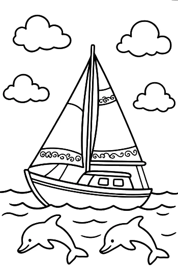 Sailboat Cruising with Jumping Dolphins in the Ocean Printable