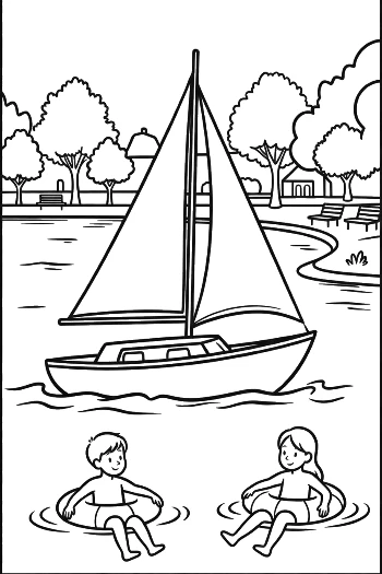 Sailboat Near a Beach with Kids Playing in Water Printable