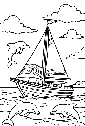 การแล่นเรือทะเลสวยงามพร้อมโลมาและเมฆนุ่มฟู พิมพ์ได้