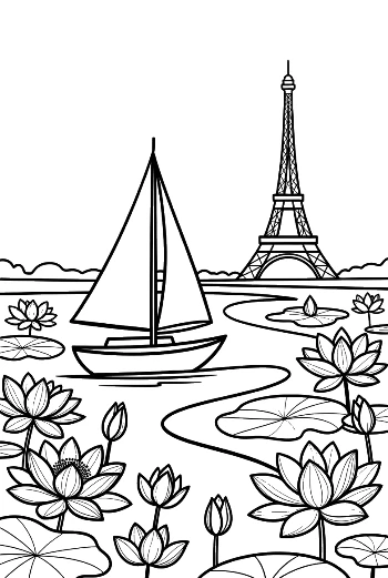 Scenic Paris Sailing with Eiffel Tower and Water Lilies Printable