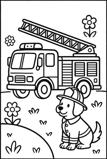 Adorable Fire Dog Puppy Sitting by a Fire Engine Printable