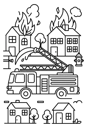Fire Engine Arriving at a Burning House in the City Printable