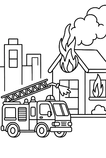 Fire Engine Fighting Flames at a Residential Building Printable