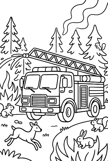 Fire Engine Truck Driving Through a Forest Landscape Printable