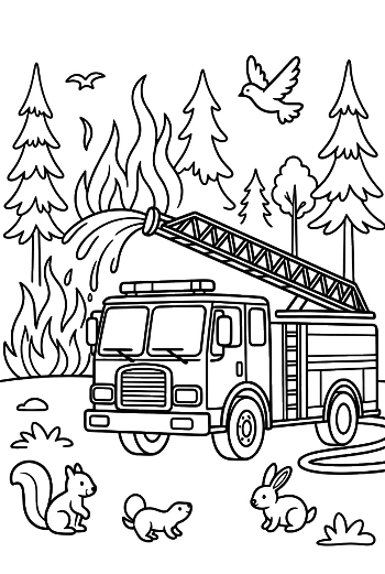 Fire Engine with a Ladder Parked Near Forest Trees Printable