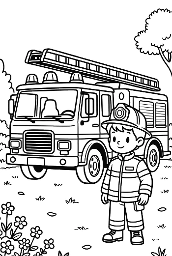 Firefighter in Full Gear with a Modern Fire Engine Printable