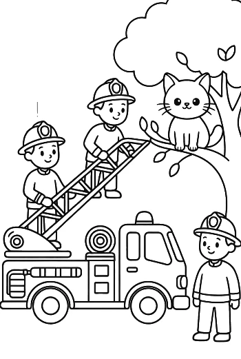Firefighters and a Cat with an Emergency Fire Engine Printable