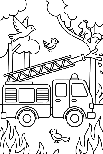 Large Fire Engine with Ladder Extended in the Woods Printable