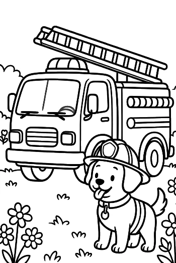 Rescue Pup Standing Proudly in Front of a Fire Engine Printable