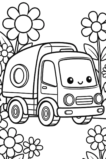 Adorable Garbage Truck with Big Eyes and Flowers Printable