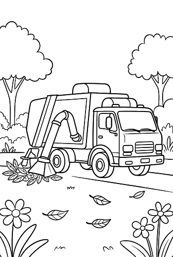 Garbage Truck Collecting Leaves in a Flowery Garden Printable