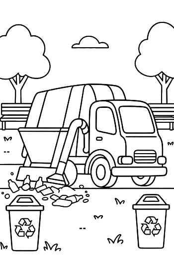 Recycling Truck with Sorted Bins on a City Street Printable