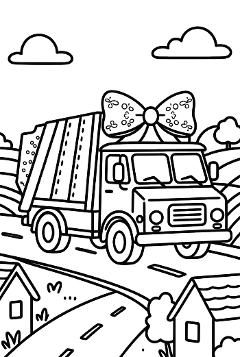Waste Management Truck Driving Past Houses and Hills Printable