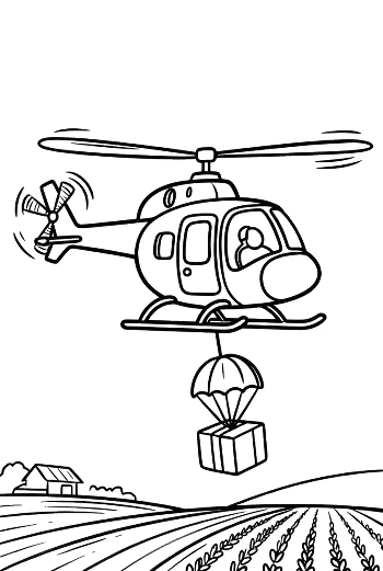 Helicopter Releasing Parachute Supplies Over Fields Printable