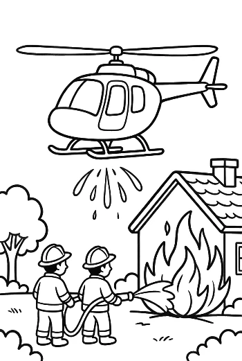 Rescue Chopper Assisting Firefighters at Home Fire Printable