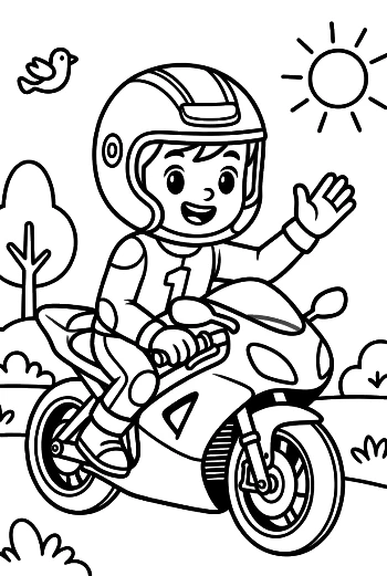 Cool Kid Biker on a Fast Sport Bike Coloring Page Printable
