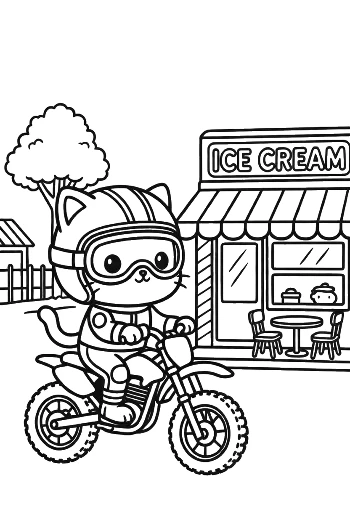 Cute Kitty Riding Dirt Bike Near Ice Cream Shop Printable