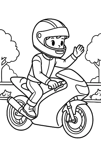 Happy Boy Waving While Riding Sport Bike Coloring Page Printable
