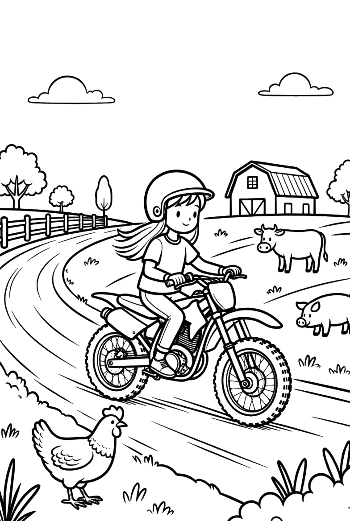 Kid Dirt Bike Rider Passing Farm Chickens Printable