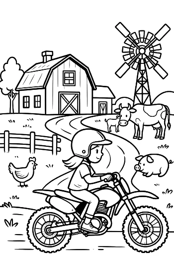 Kid on Dirt Bike Near Farm Windmill and Cows Printable