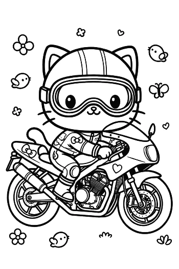 Kitten Biker Wearing Goggles on Sport Bike Coloring Page Printable