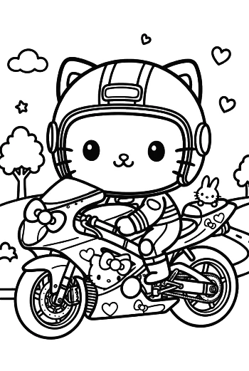 Smart Kitty Character Riding Sport Motorcycle Coloring Page Printable