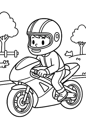 Young Boy Driving a Modern Sport Motorcycle Coloring Page Printable