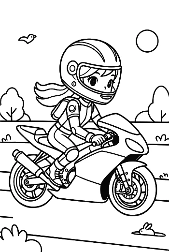 Young Girl Riding a Fast Sport Bike Coloring Page Printable