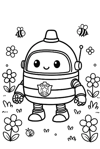 Cheerful Police Car Character in Summer Garden Printable