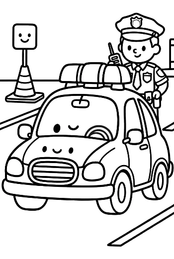 Cute Cartoon Police Car Driving on Road Printable