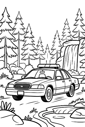 Patrol Car on Dusty Road Through the Woods Printable