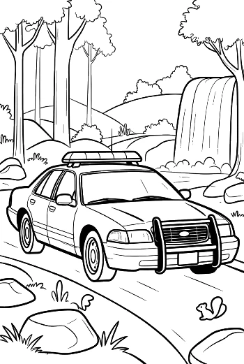 Police Car Driving Past Forest Waterfall Printable