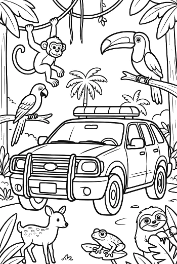 Police SUV Patrolling Tropical Jungle Trail Printable