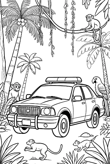 Police Vehicle Driving Through Scenic Tropical Woods Printable