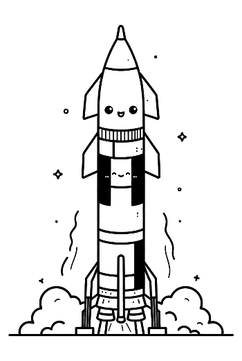 Kawaii Saturn V Space Rocket with Smiley Face on Launchpad Printable