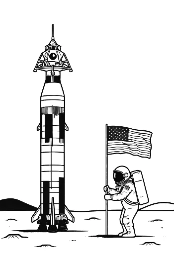 Saturn V Rakete und Astronaut pflanzt Flagge auf dem Mond – Kostenloses Ausmalbild