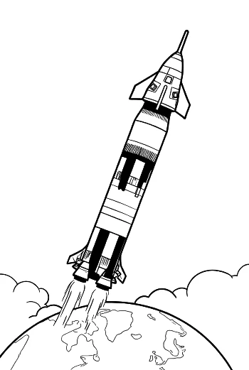 Saturn V Rocket Blasting Off into Space Line Art Printable