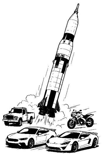 Saturn V Rocket Launching Past Speeding Vehicles