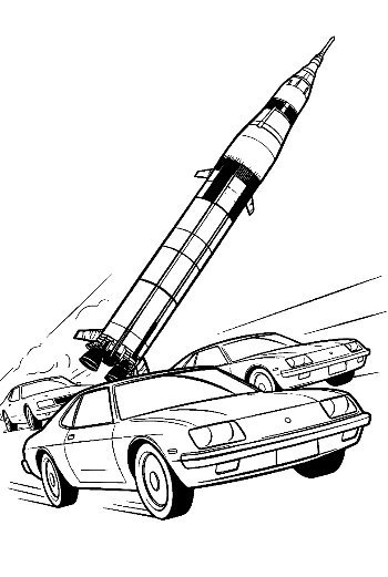 Saturn V Rocket Racing Past Sports Cars