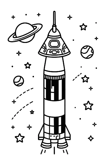 Saturn V Rocket Surrounded by Rings and Planets Printable
