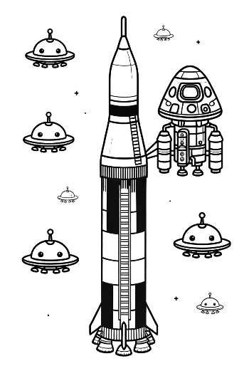 Saturn V Rocket with Astronauts and Small UFOs Printable